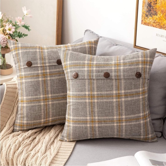 West Elm Other - Farmhouse Plaid Linen Grey Tan Cream Striped Button Throw Pillow Decor Cover